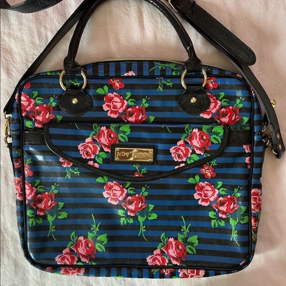 Betsy Johnson Laptop Bag Crossbody Roses Stripes